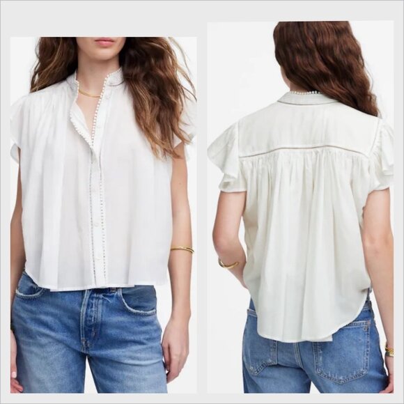 Madewell Womens Shirred Ruffle Lace-Trim Top Sz XS  Cottagecore Flowy Blouse NWT - Picture 1 of 13